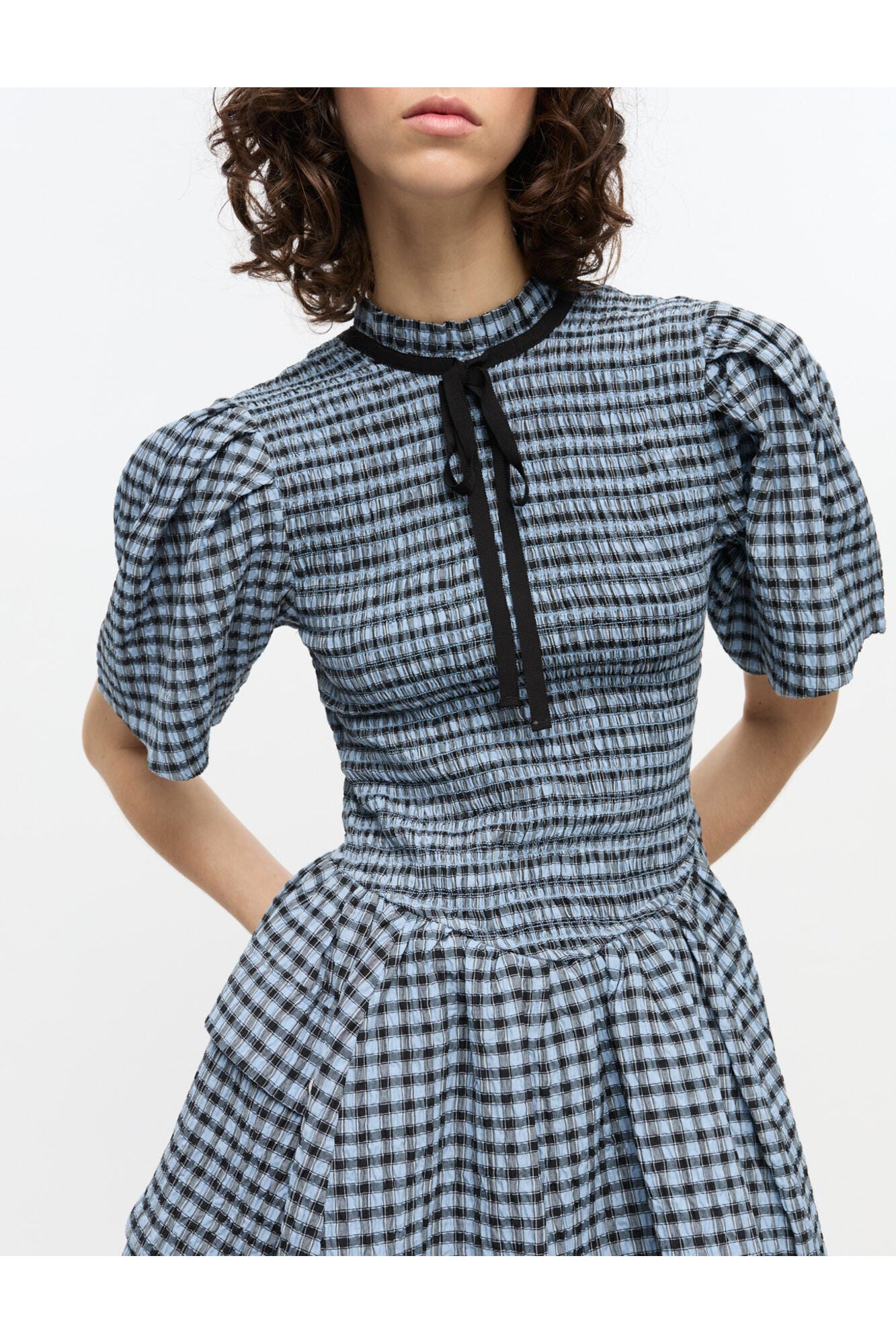 Blue Seersucker Check Mini Smock Dress | Soft Chambray