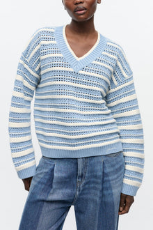 Blue Striped Cotton V neck Jumper | Egret