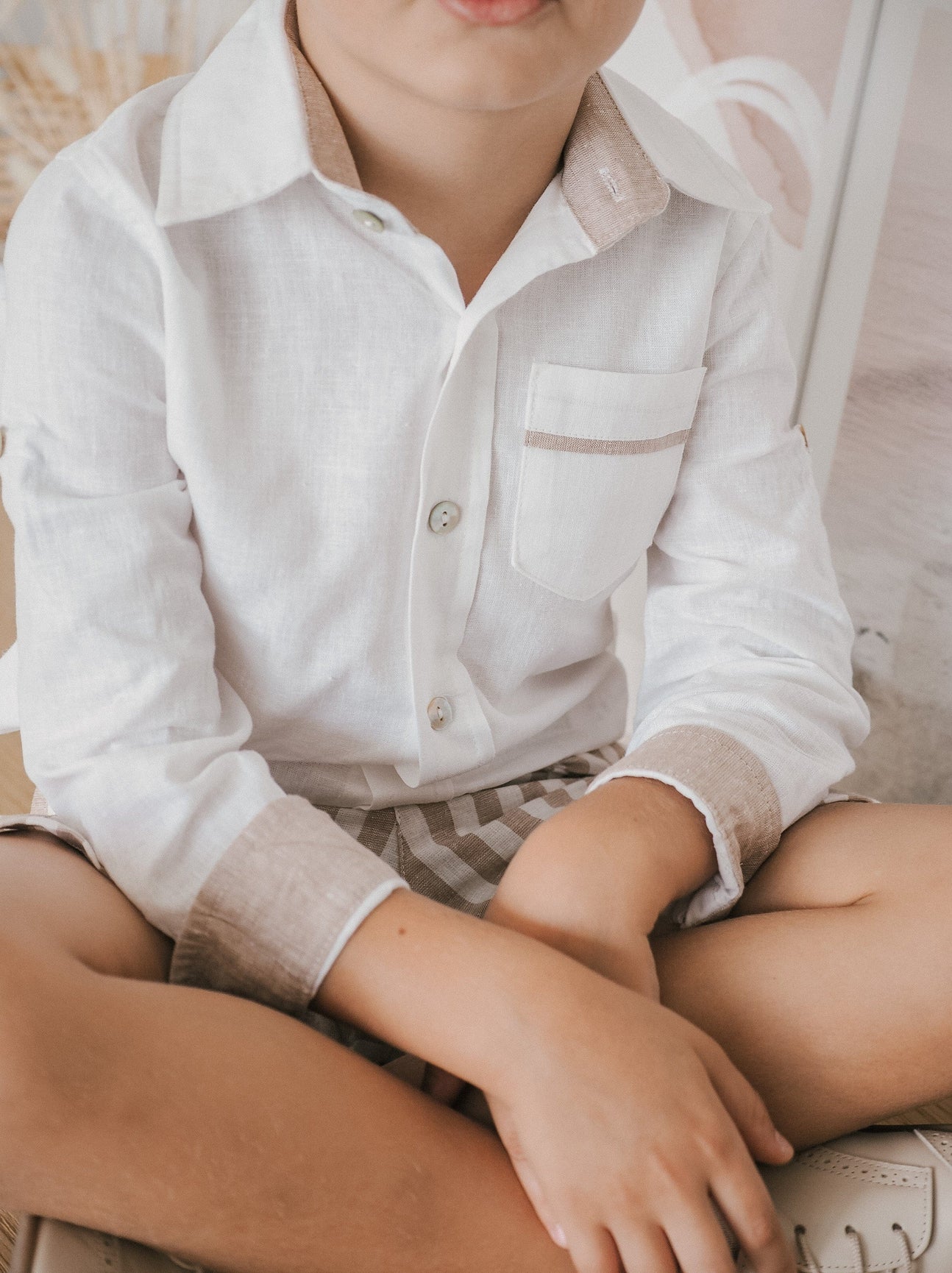 Boy | Ashton Striped Linen Shorts and Top Set | White x Beige