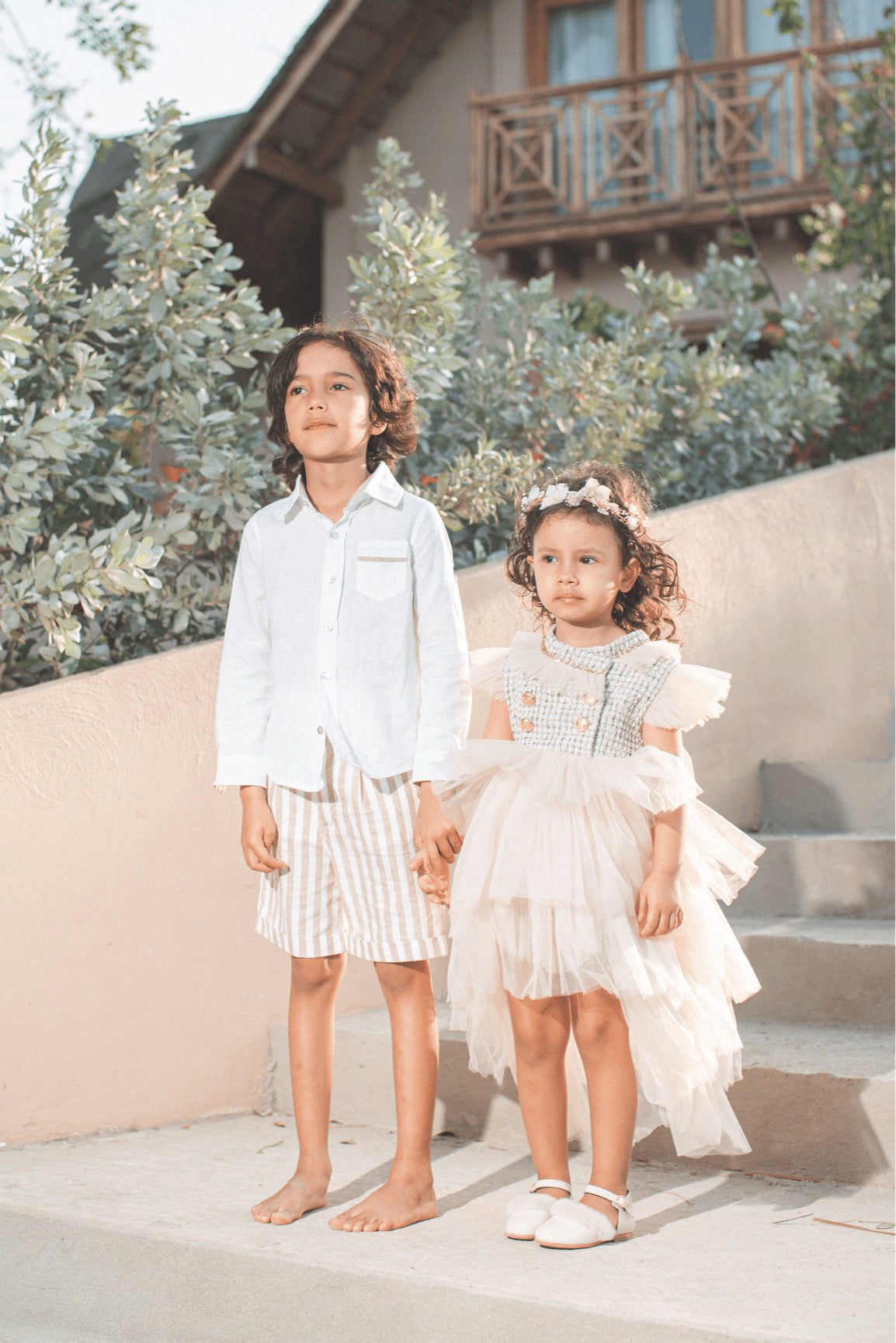Boy | Ashton Striped Linen Shorts and Top Set | White x Beige