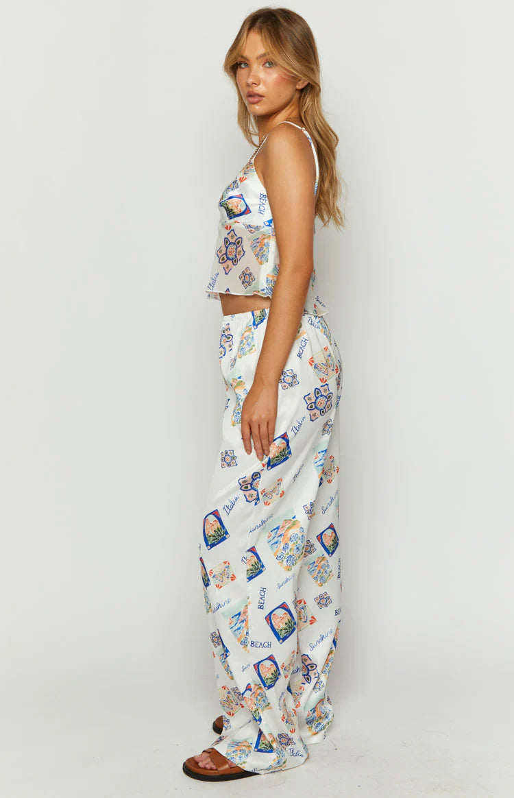 Bridget Satin Italia Print Pants | White
