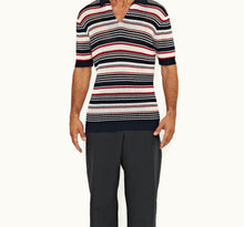 Bruno Stripe Crochet Stripe Mercerised Organic Cotton Polo Shirt | Matchstick/Night Iris