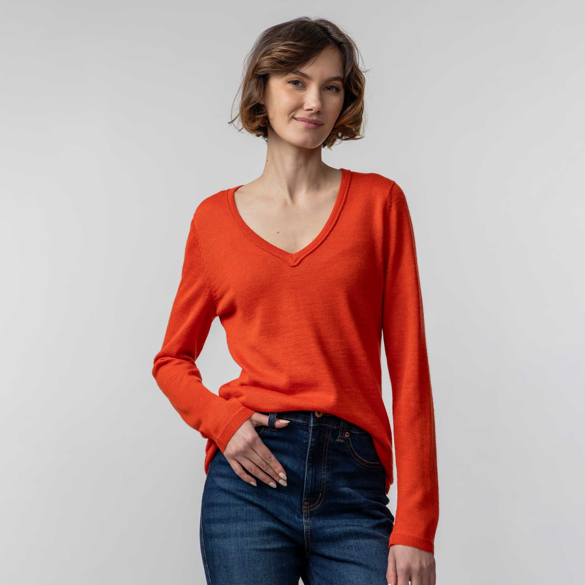 Women | V Neck Sweater | Tangerine