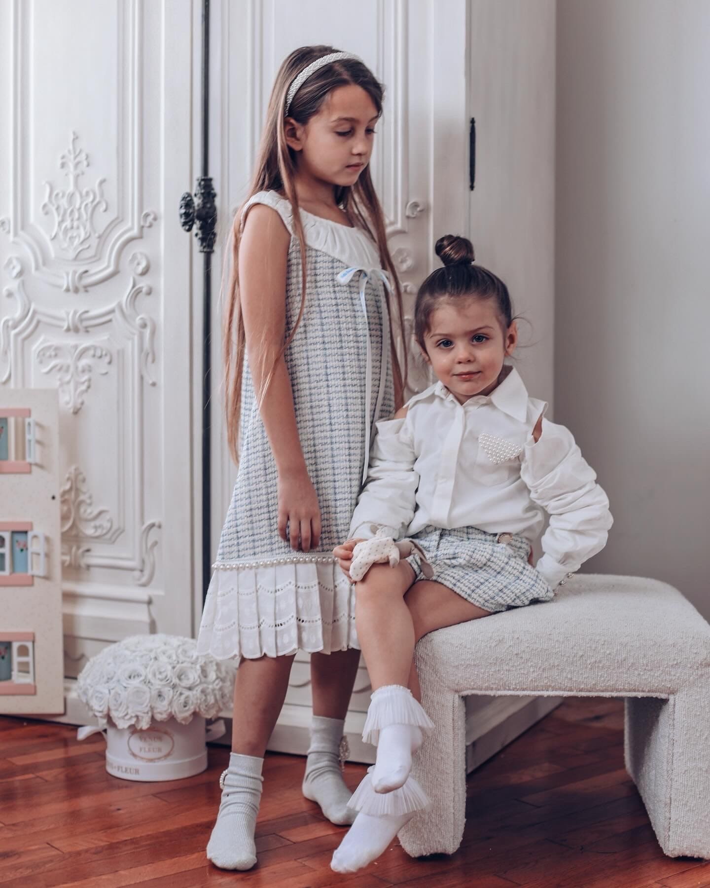 Baby Girls | Iris Tweed Dress | White x Blue