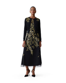 Embroidered Long Sleeve Crewneck Cardigan | Black/Gold