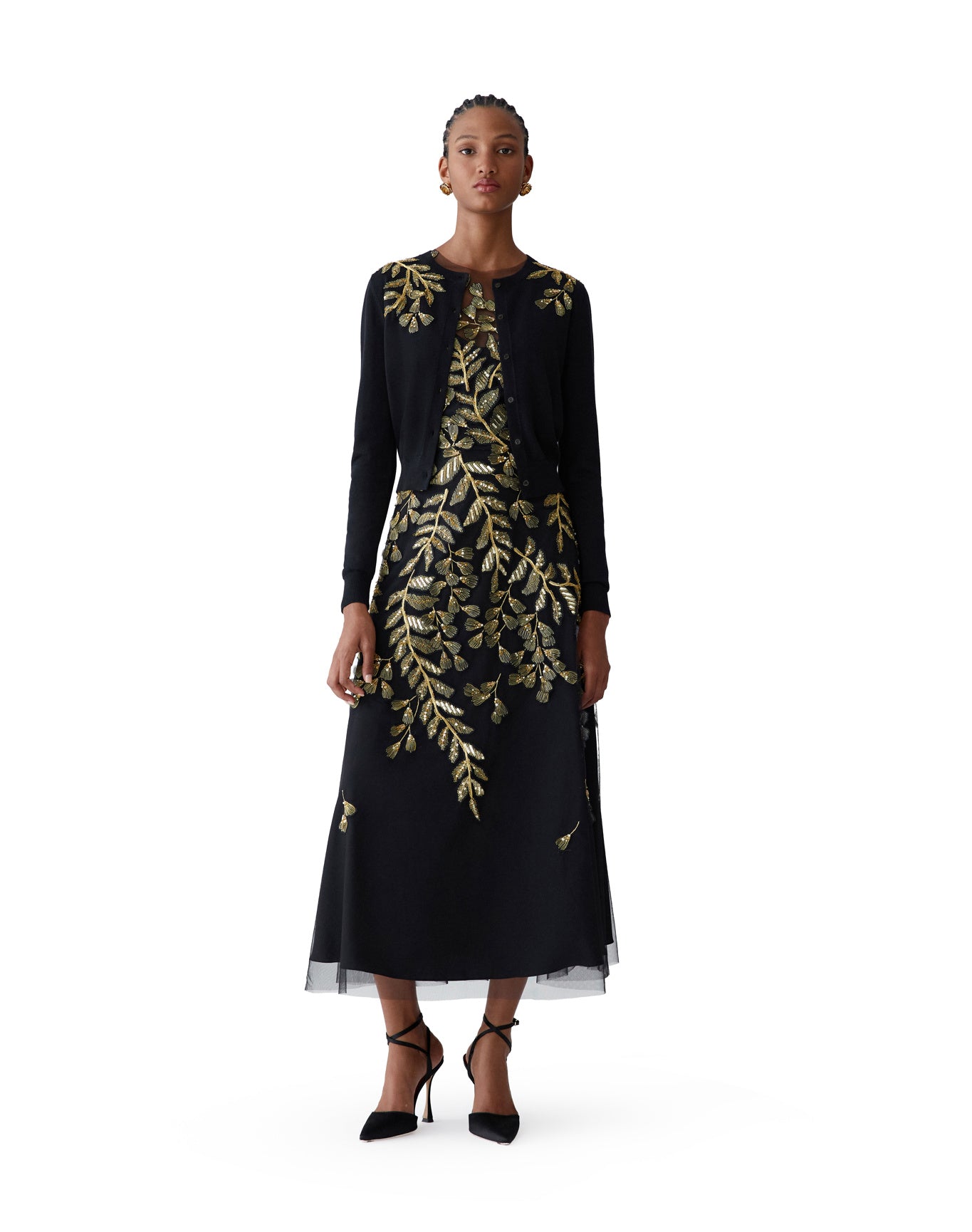 Embroidered Long Sleeve Crewneck Cardigan | Black/Gold