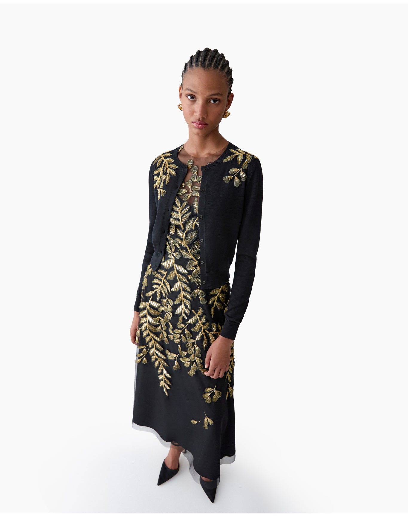 Embroidered Long Sleeve Crewneck Cardigan | Black/Gold
