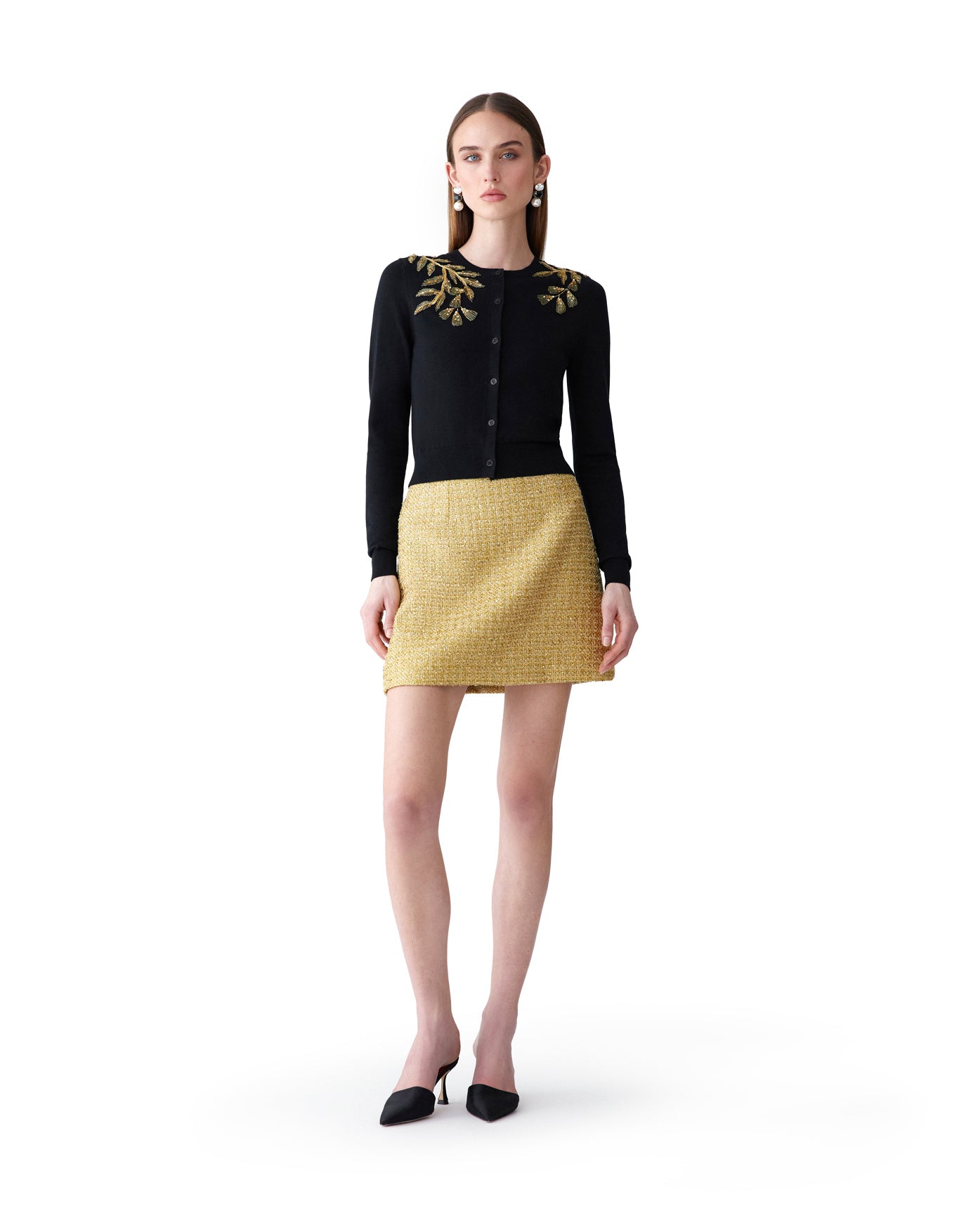 Embroidered Long Sleeve Crewneck Cardigan | Black/Gold