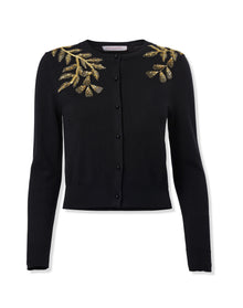 Embroidered Long Sleeve Crewneck Cardigan | Black/Gold