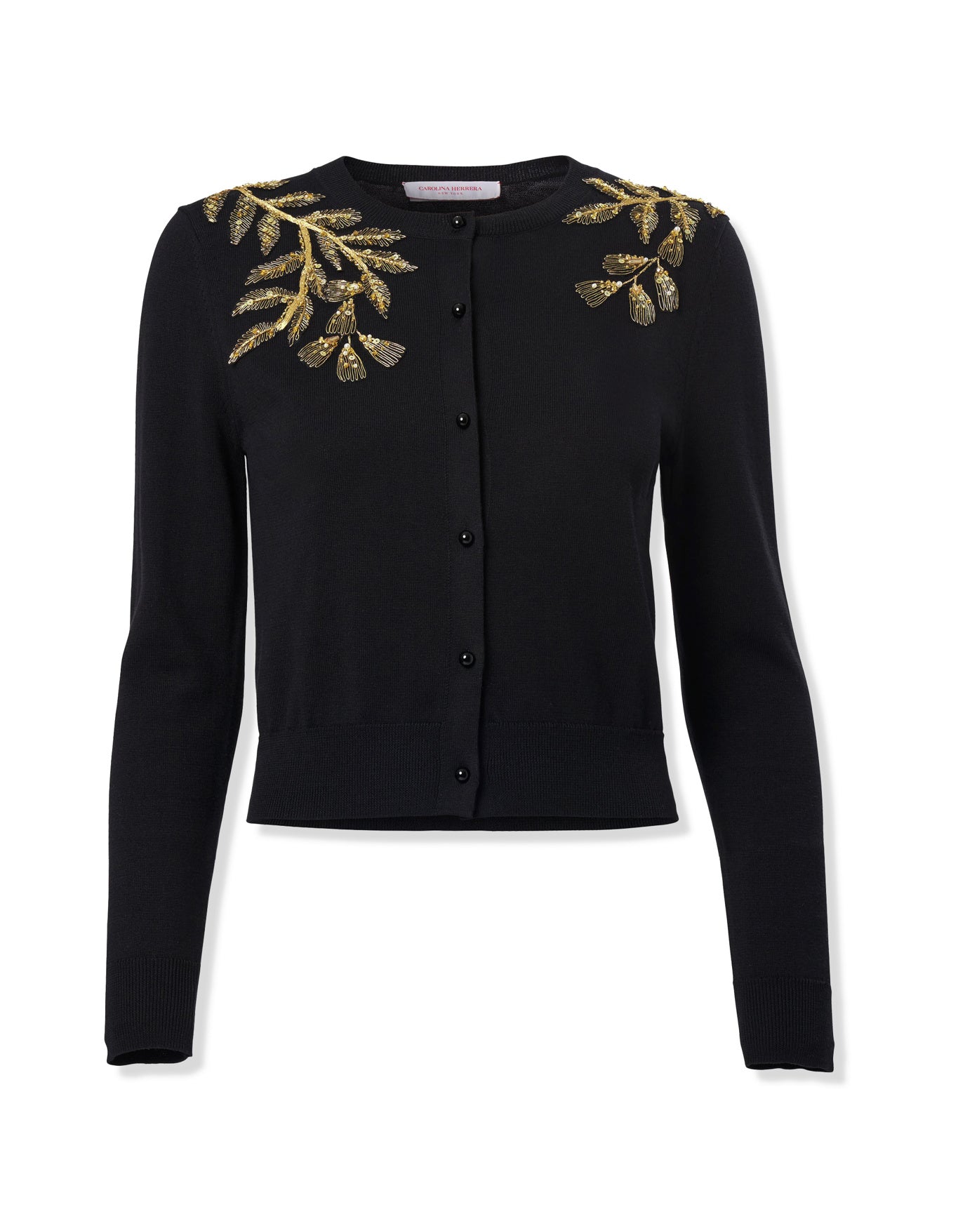 Embroidered Long Sleeve Crewneck Cardigan | Black/Gold