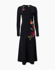 Embroidered Long Sleeve Crewneck Midi Dress | Black Multi