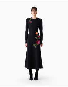 Embroidered Long Sleeve Crewneck Midi Dress | Black Multi