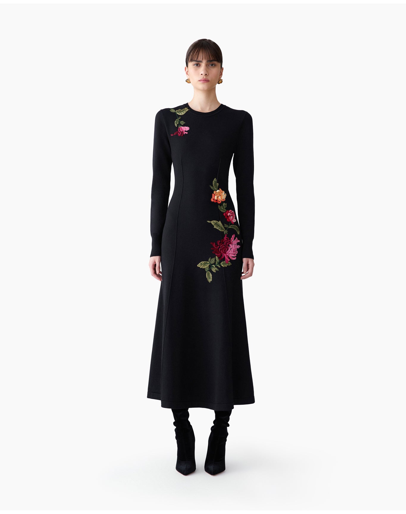 Embroidered Long Sleeve Crewneck Midi Dress | Black Multi