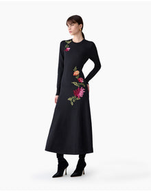 Embroidered Long Sleeve Crewneck Midi Dress | Black Multi
