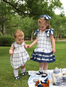 Baby Unisex | Checkered Linen Baby Boy Romper | White x Blue