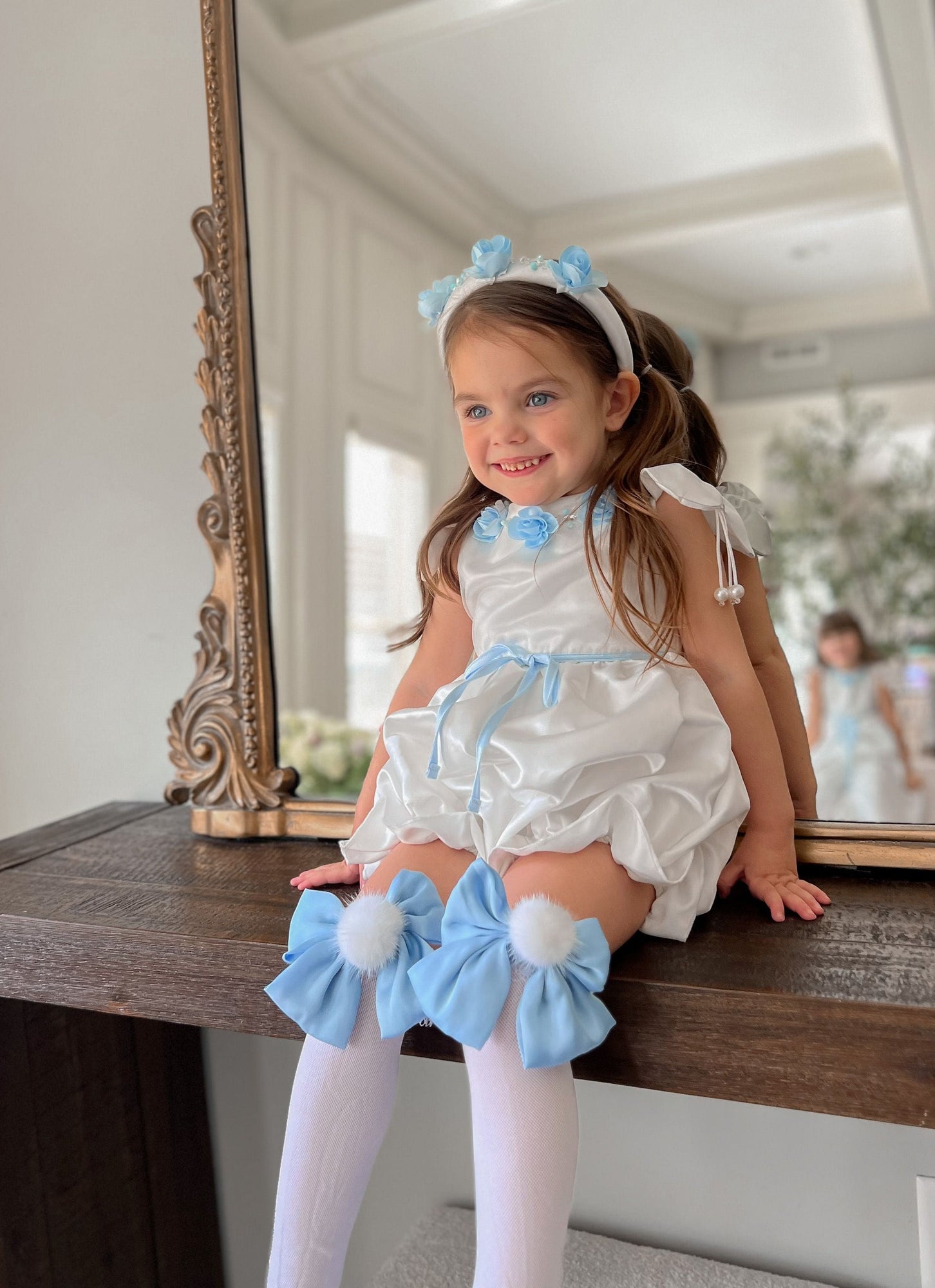 Baby Girls | Daphne Satin Romper with Embroidery | White & Blue