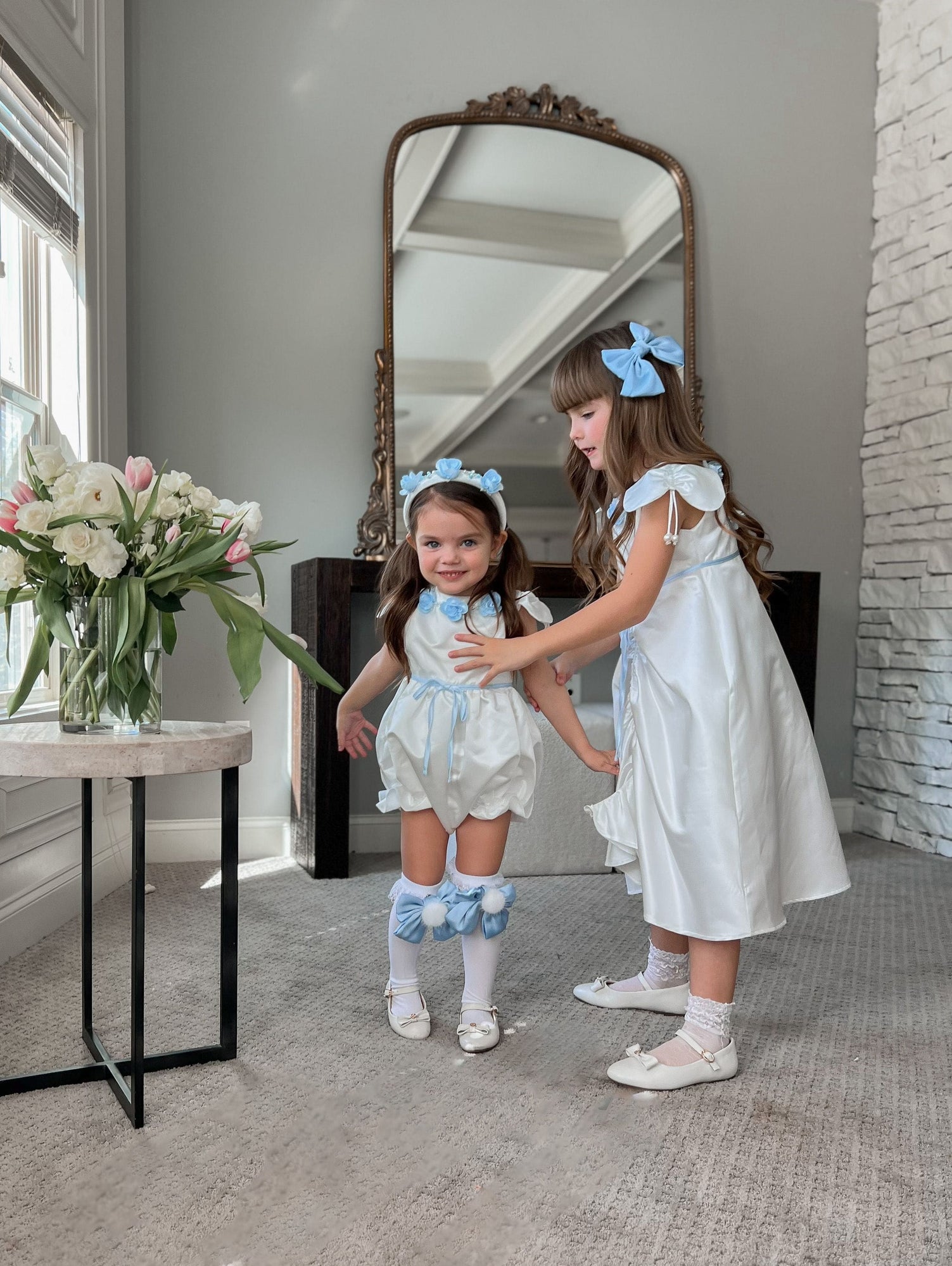 Baby Girls | Daphne Satin Romper with Embroidery | White & Blue
