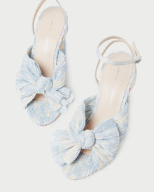 Camellia Blue Floral Bow Heel in a blue floral patterned organza