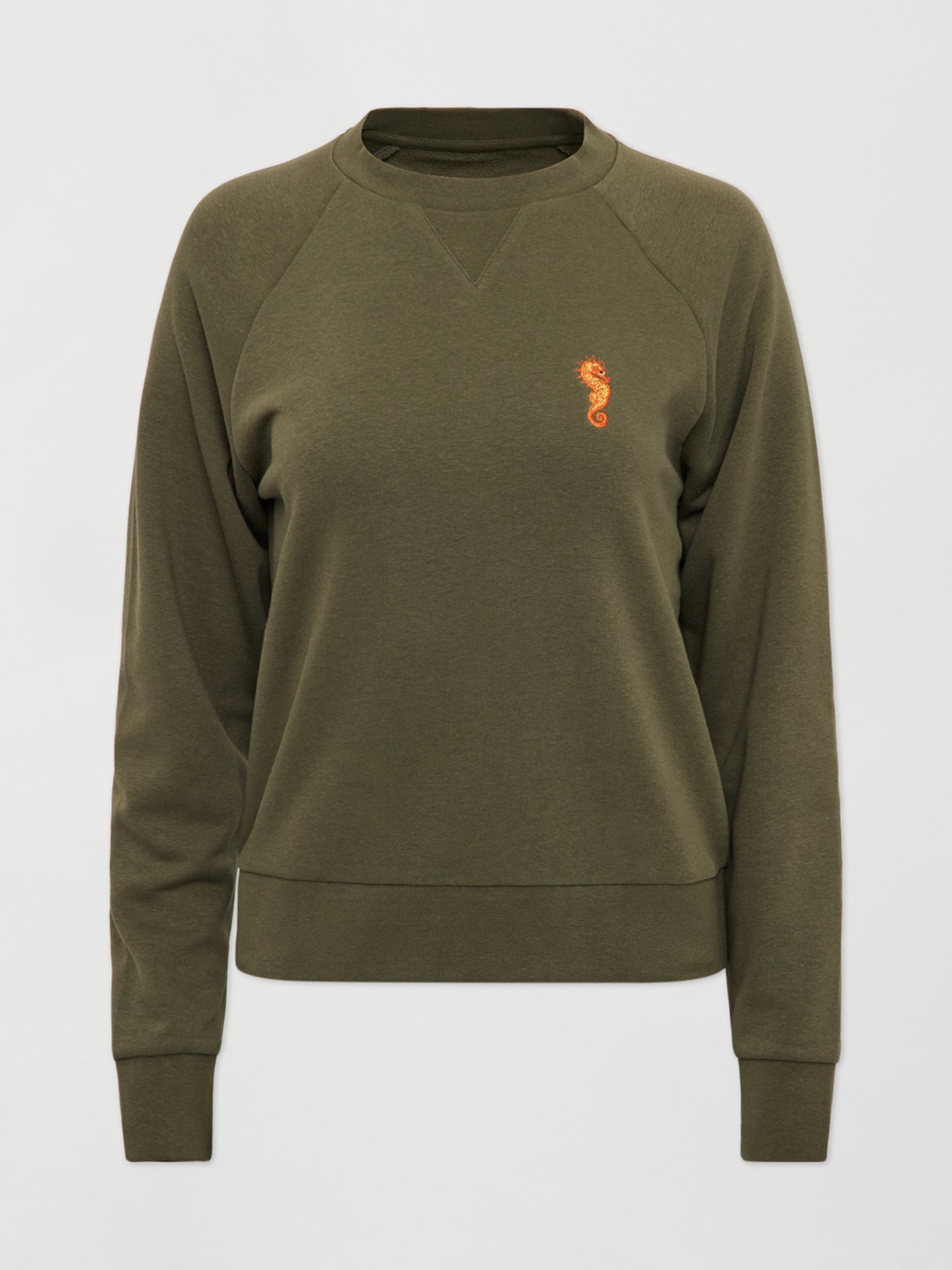 Carbon38 | Embroidered French Terry Crew Sweatshirt | Olive/ Seahorse