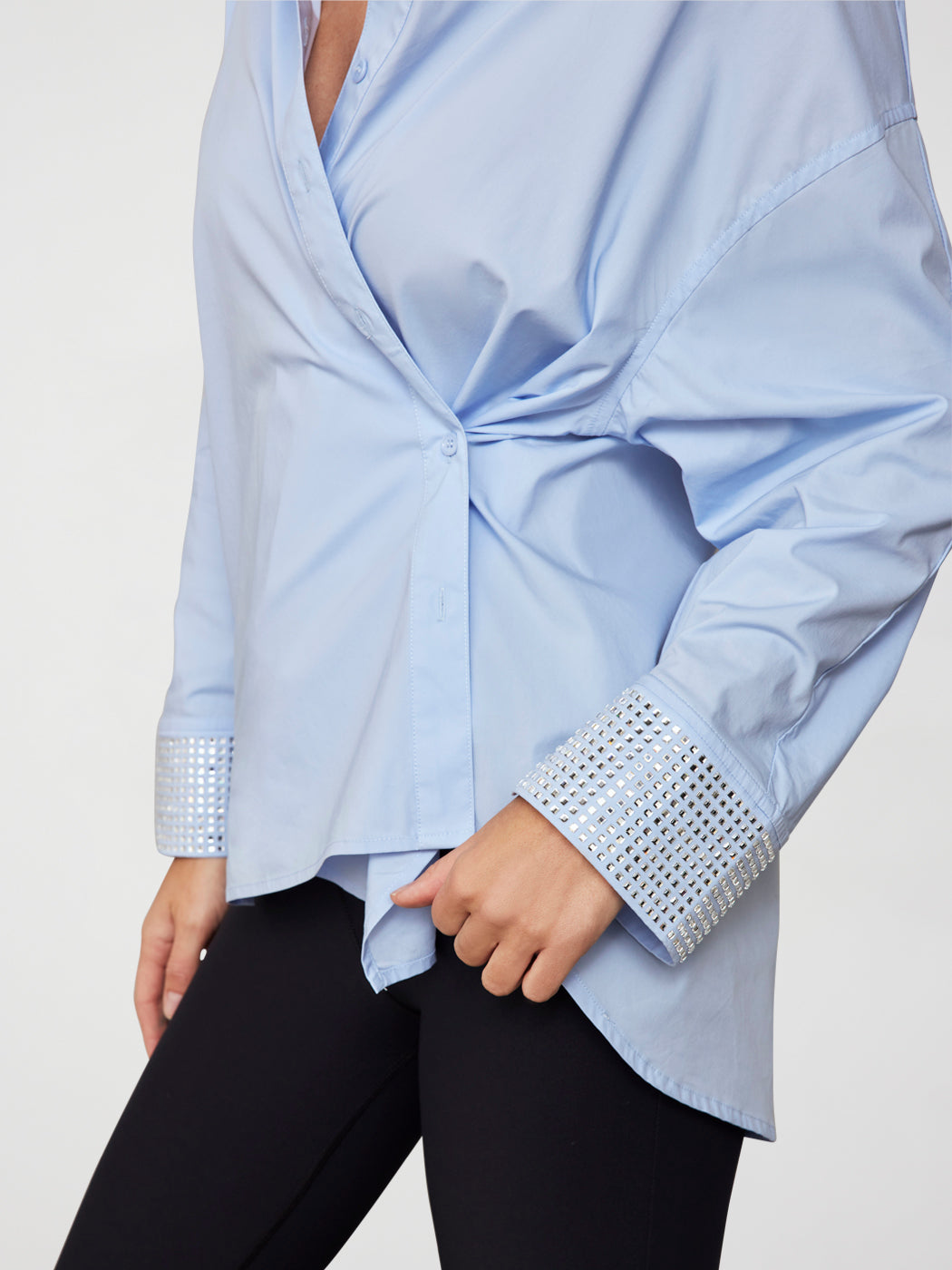 Carbon38 | Rhinestone Oversized Button Up Shirt | Blue With Silver Rhinestones