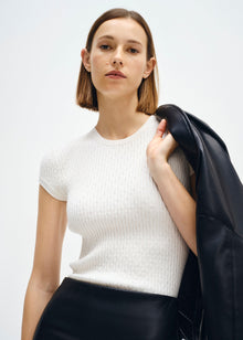 Cashmere Cotton Pointelle Cap Sleeve Crew | White