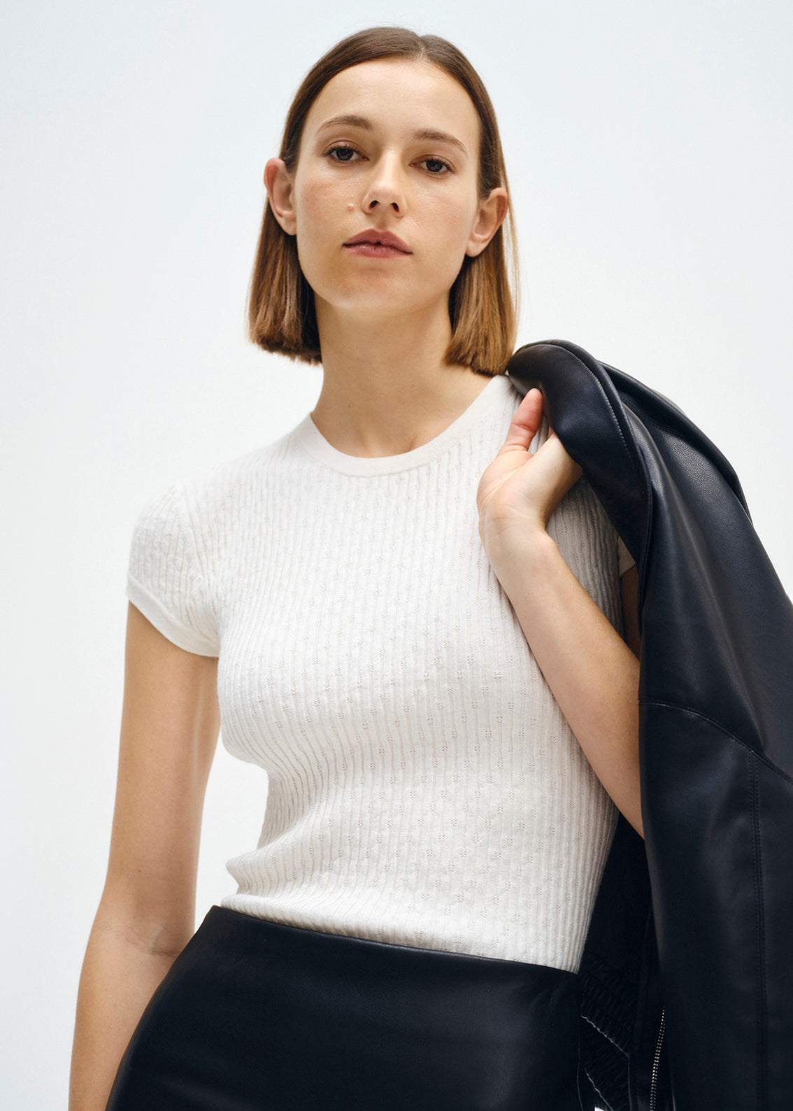 Cashmere Cotton Pointelle Cap Sleeve Crew | White