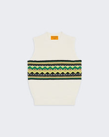 Chalet Vest - Cream Combo jacquard knit crew neck vest with rib trim and geometric pattern across the chest.