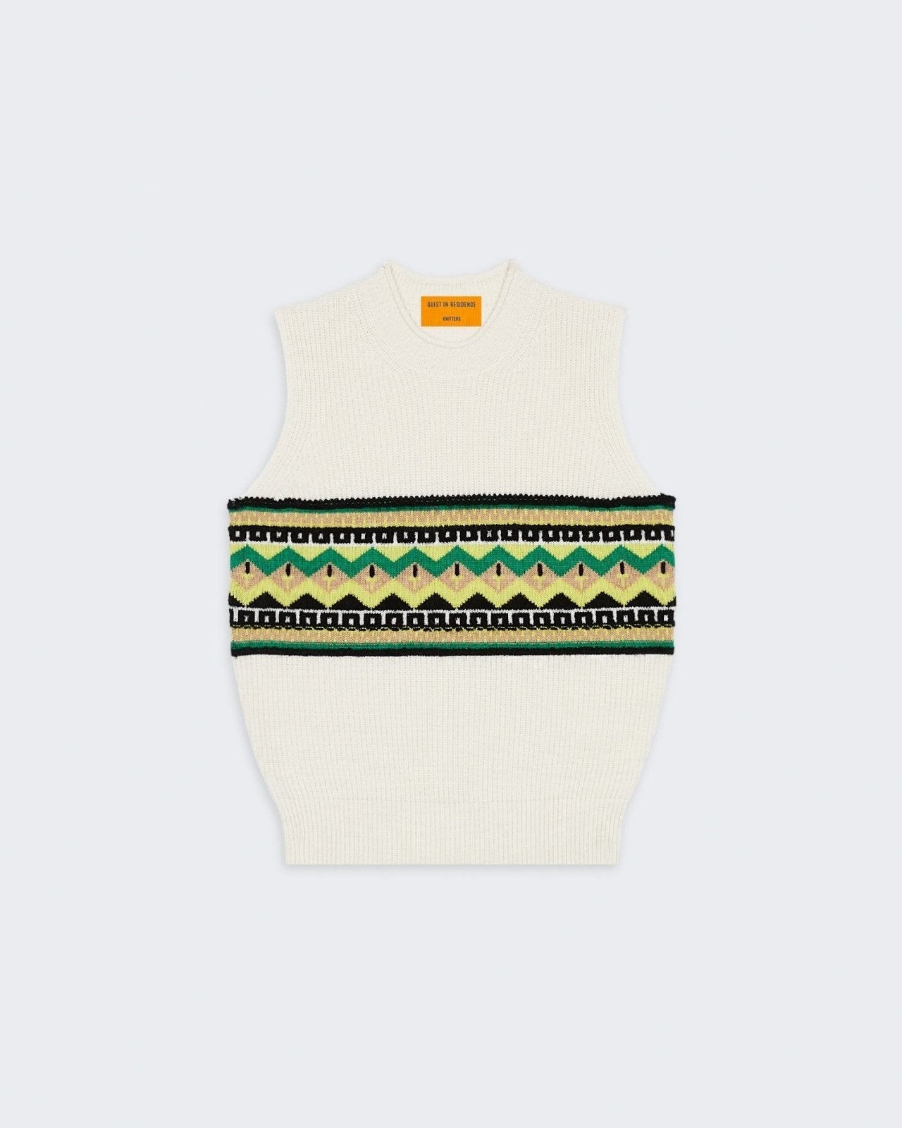 Chalet Vest - Cream Combo jacquard knit crew neck vest with rib trim and geometric pattern across the chest.