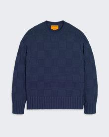 Checker Cozy Crew - Midnight knitted heavy-weight crew neck sweater with ribbed trim and basket stitch pattern