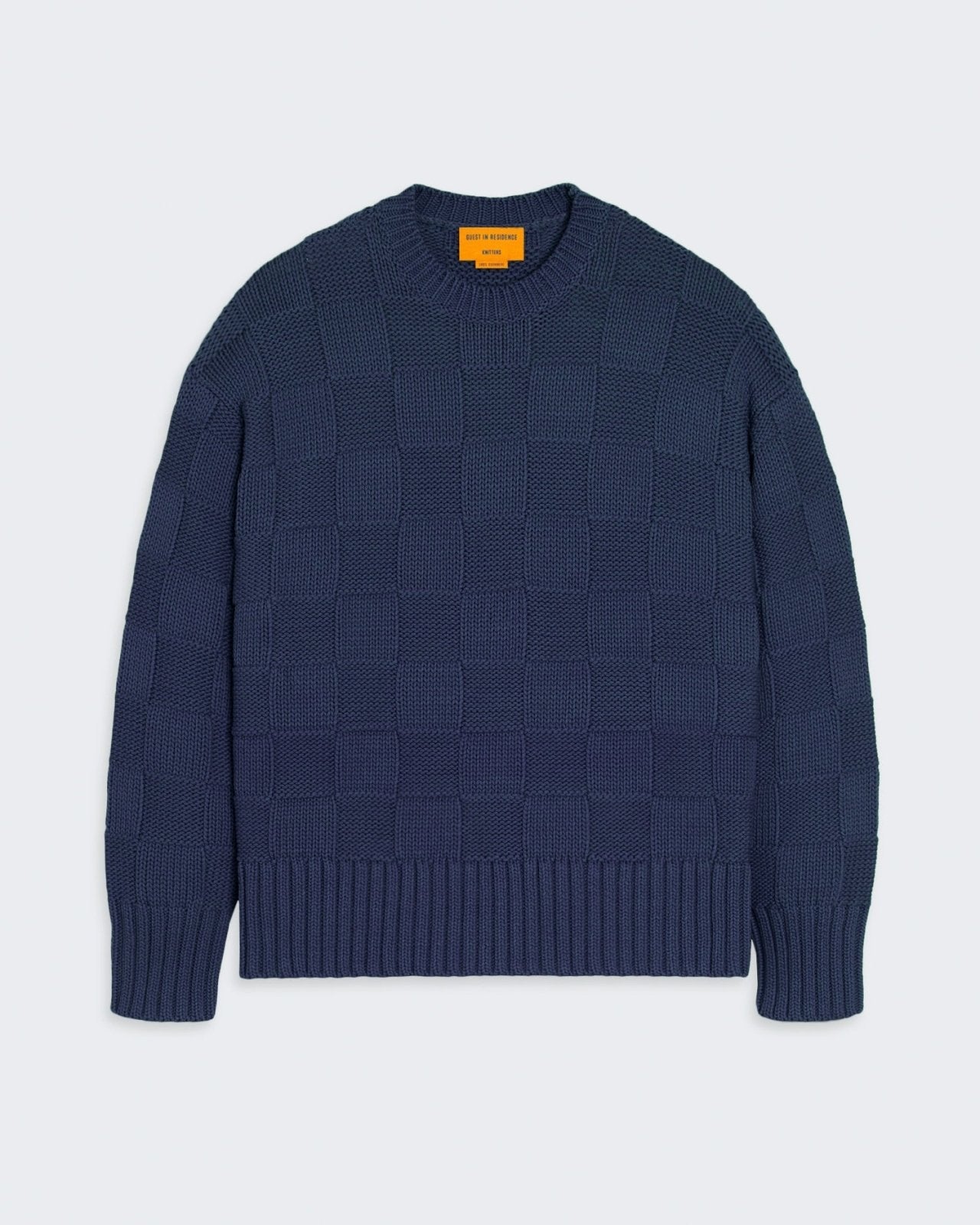 Checker Cozy Crew - Midnight knitted heavy-weight crew neck sweater with ribbed trim and basket stitch pattern