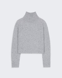 Cropped Turtleneck - Stone in women's fit with cable detail, rib trim, and medium-weight recycled cashmere blend fabric.