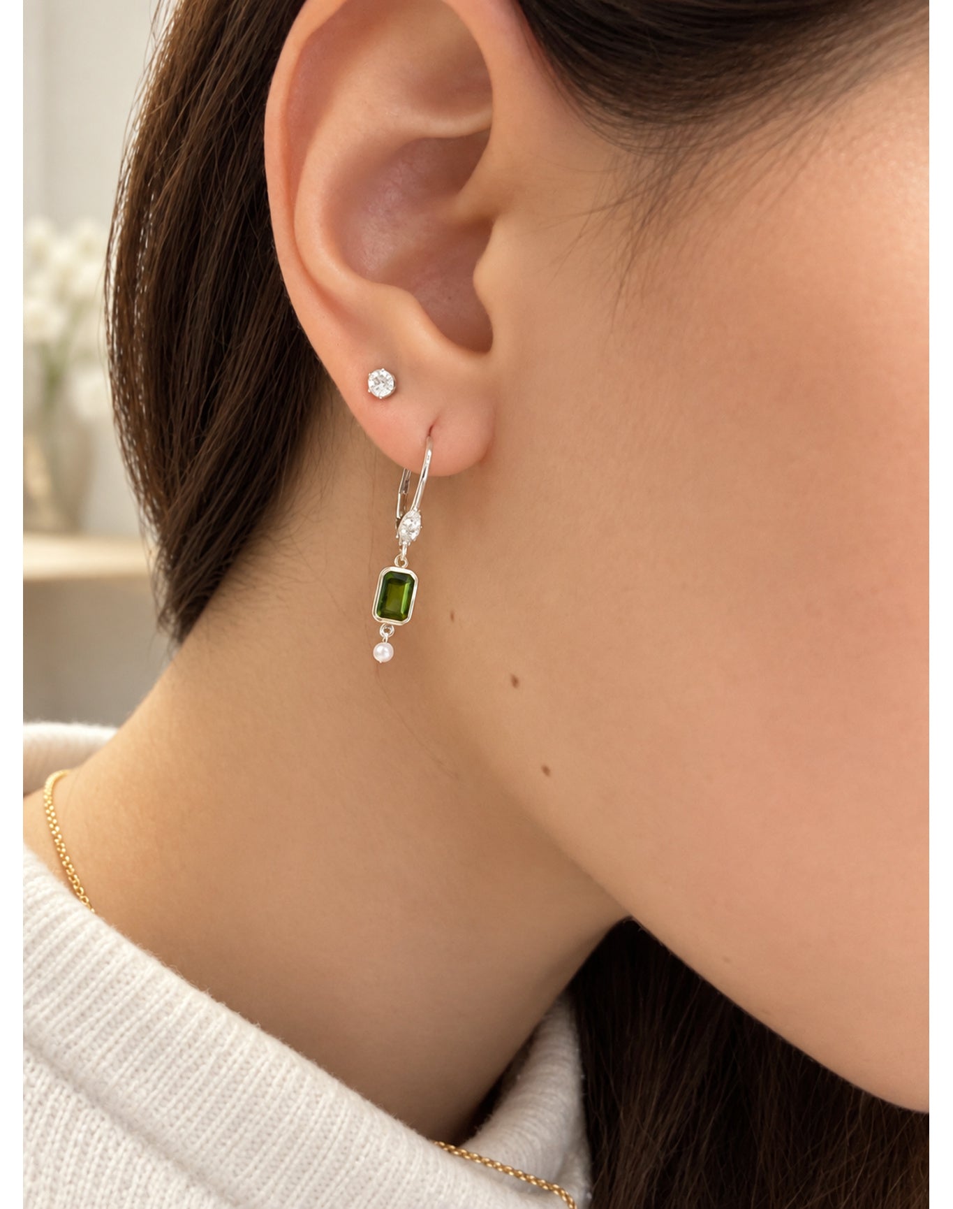 Chrome Green Gem & Diamond Drop Earrings | 14K Two Tone Gold