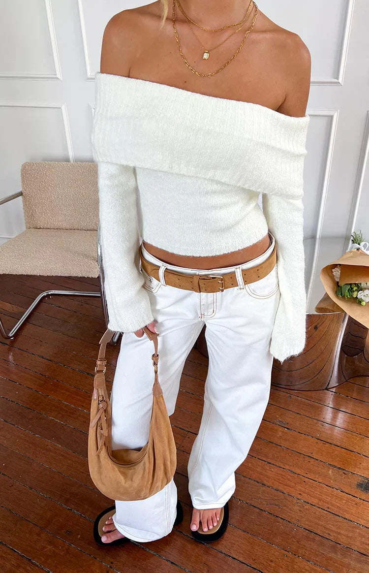 Clara Star Denim Low Rise Jeans | White