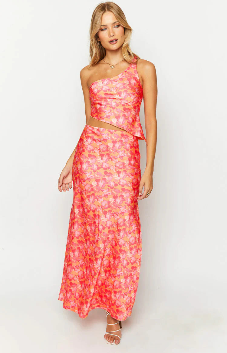 Claudi Satin One Shoulder Top | Orange And Pink
