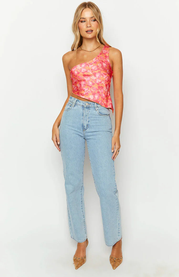 Claudi Satin One Shoulder Top | Orange And Pink
