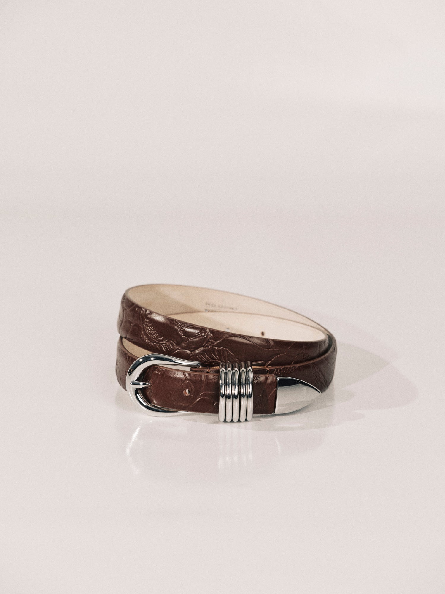 Mija Leather Belt | Floral Mahogany Embossed & Silver