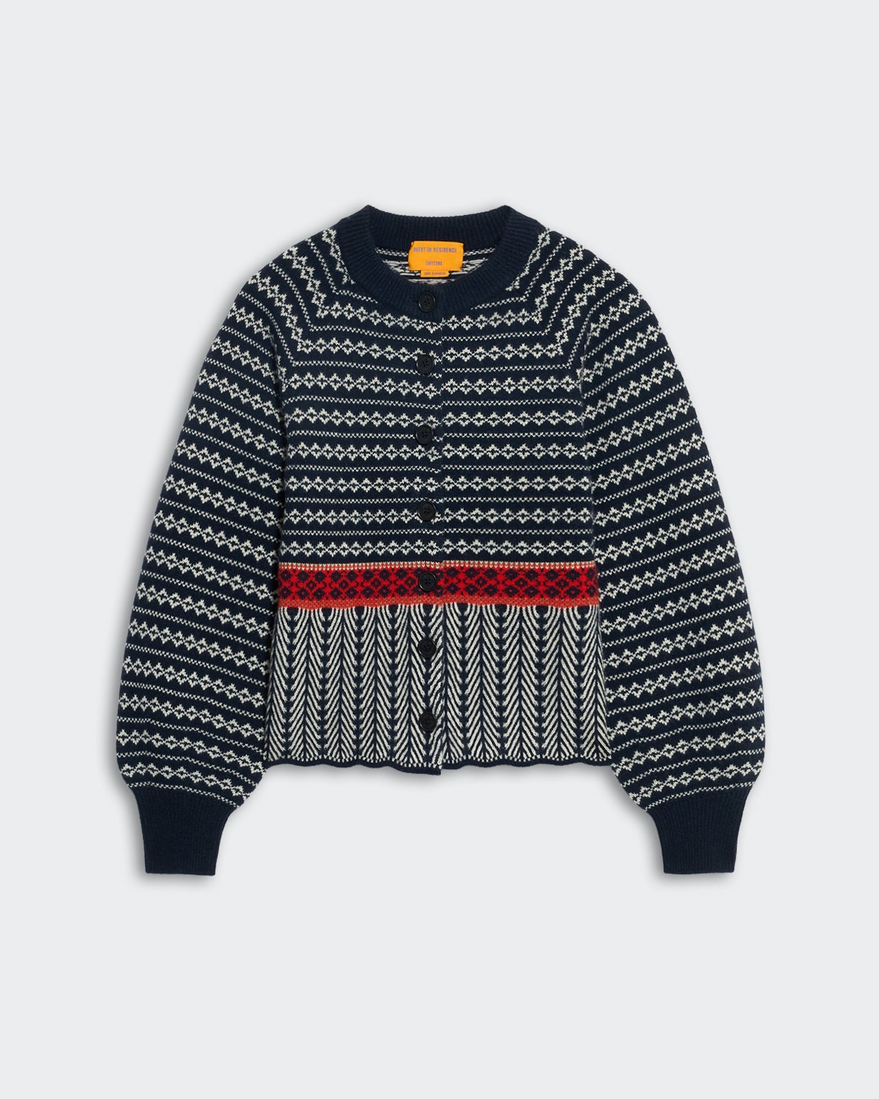Heavy weight Fair Isle sculpted cardigan in midnight combo with front buttons and red trim detail at hem