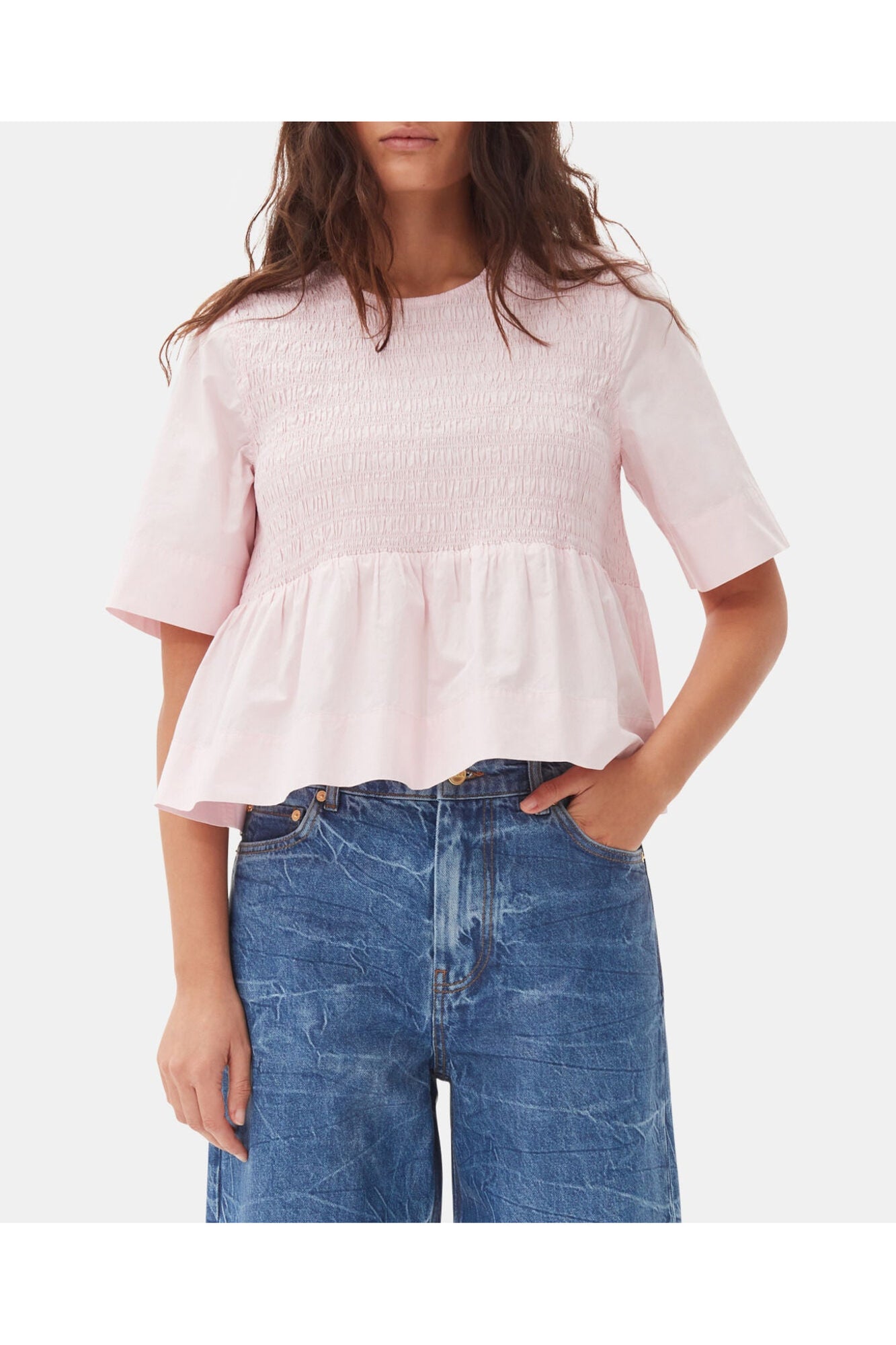 Cotton Poplin Open Back Smock Blouse | Chalk Pink