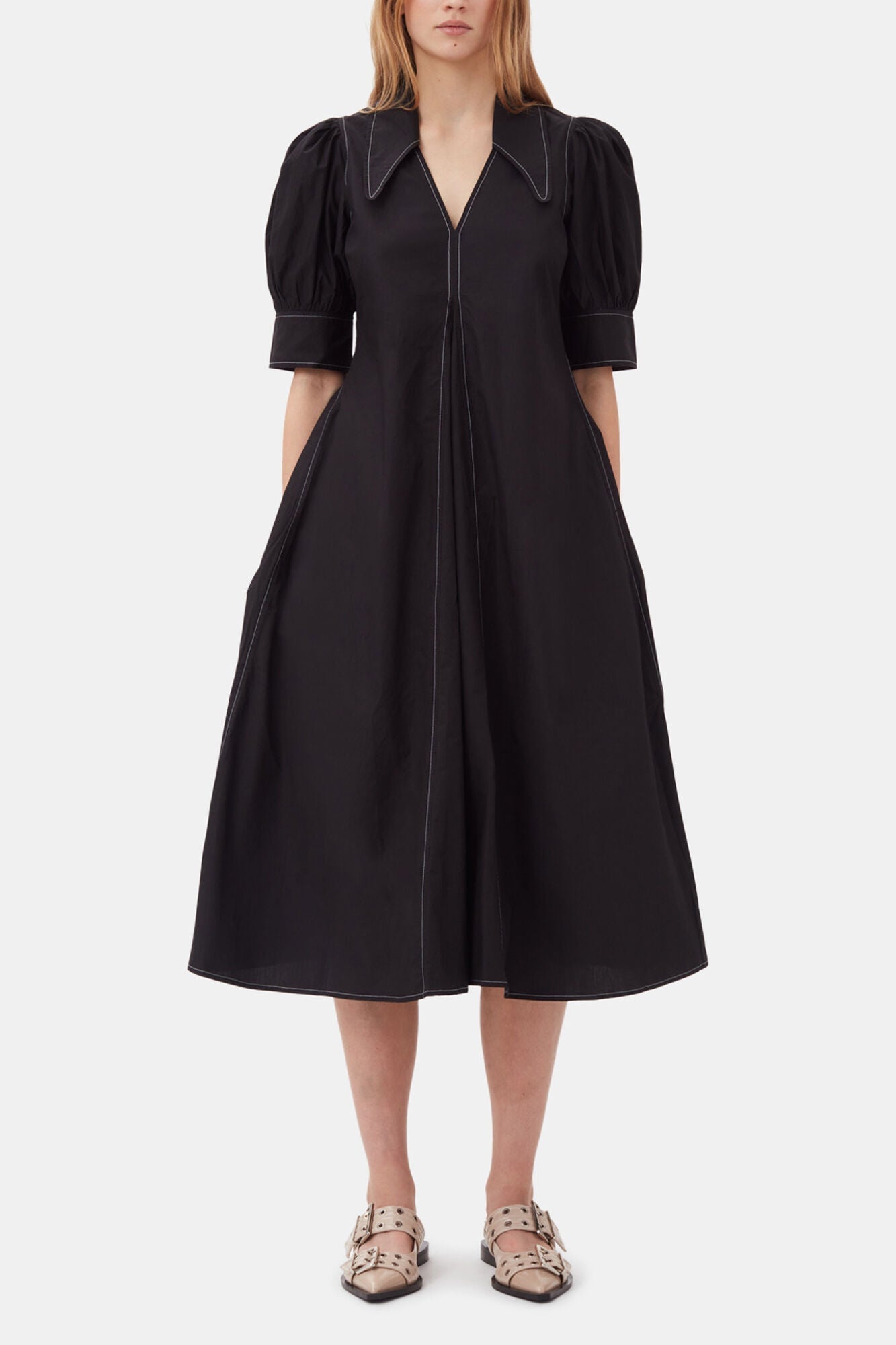 Cotton Poplin V Neck Midi Dress | Black