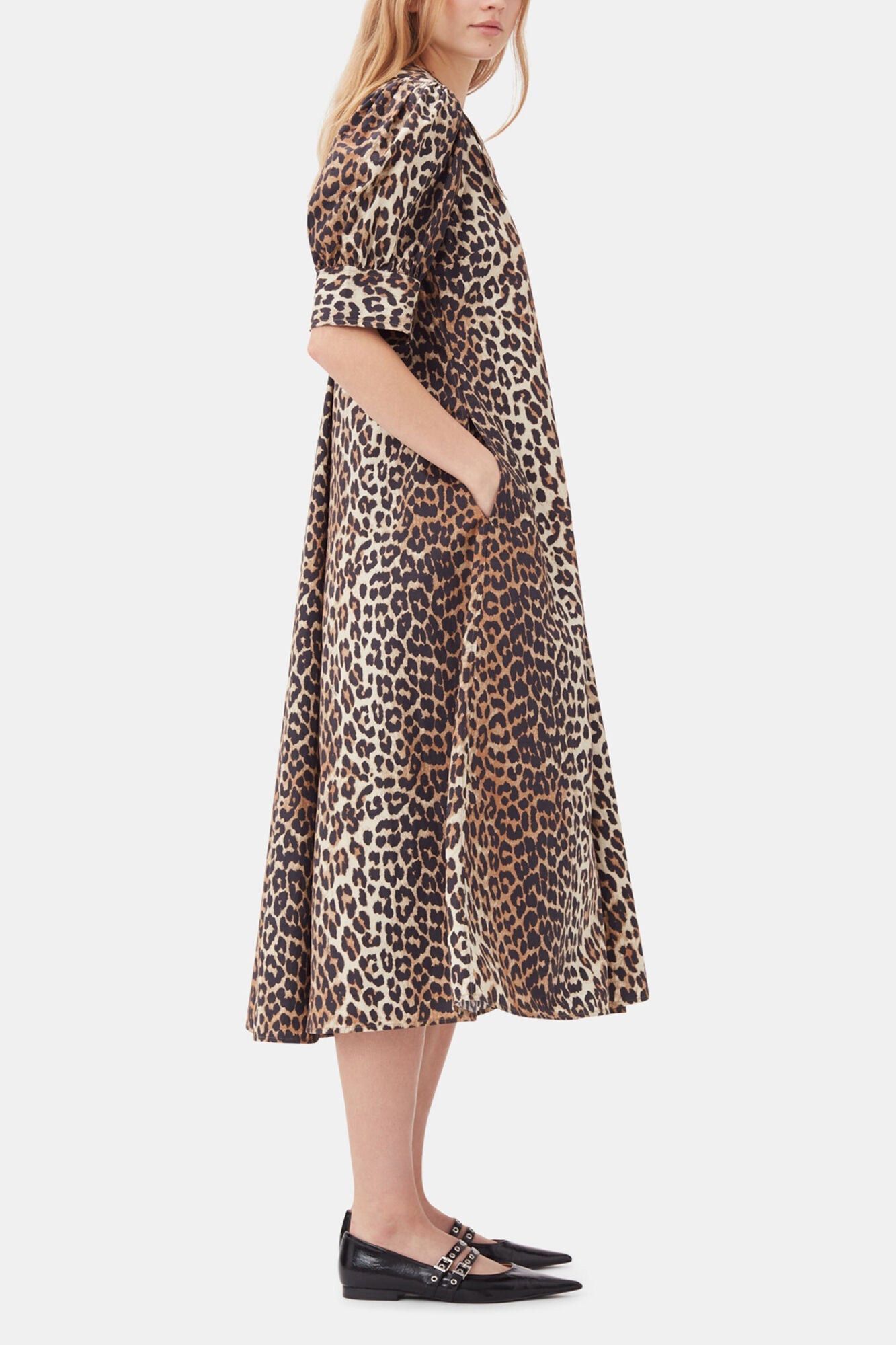 Cotton Poplin V neck Maxi Dress | Leopard
