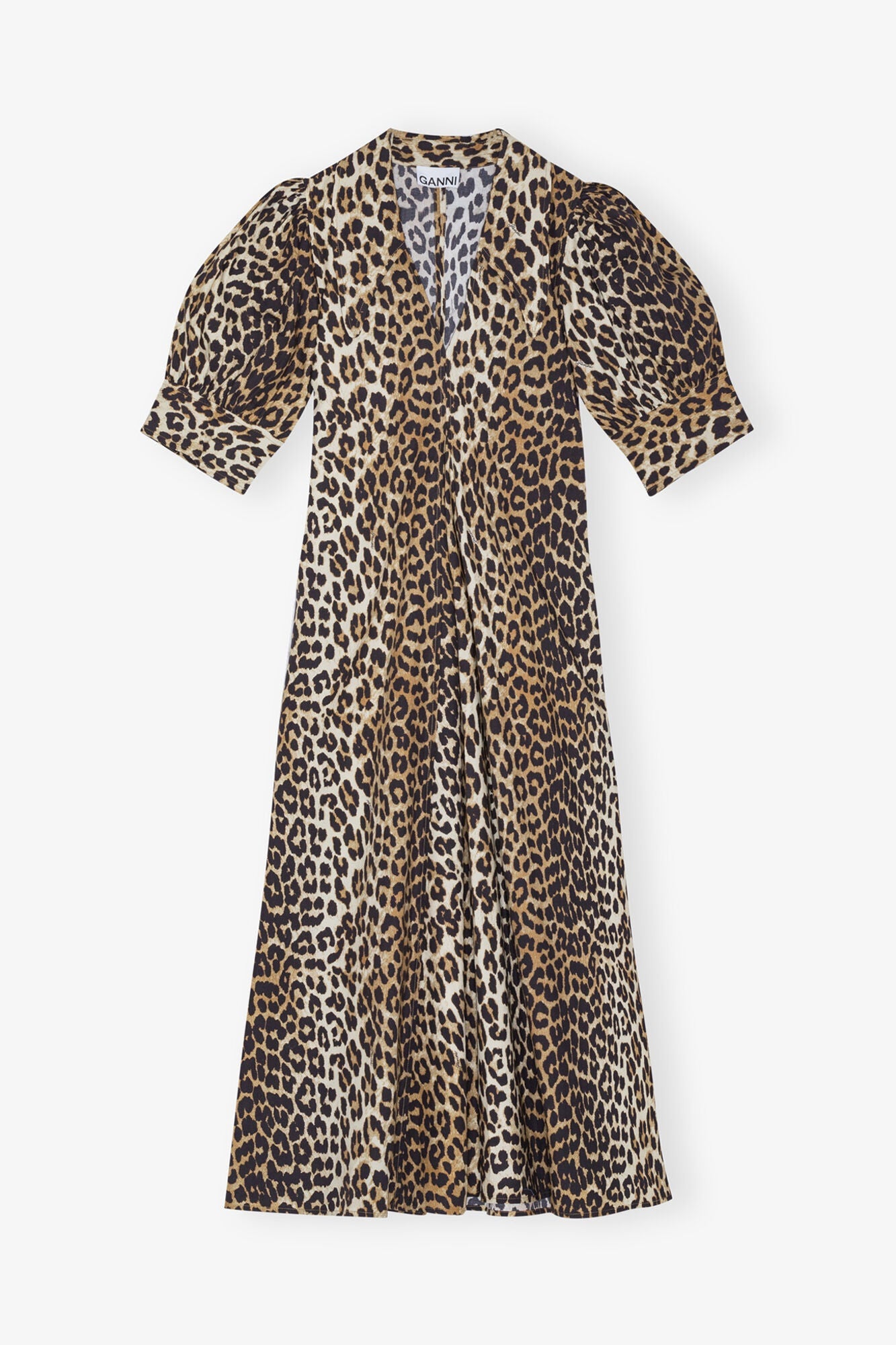 Cotton Poplin V neck Maxi Dress | Leopard