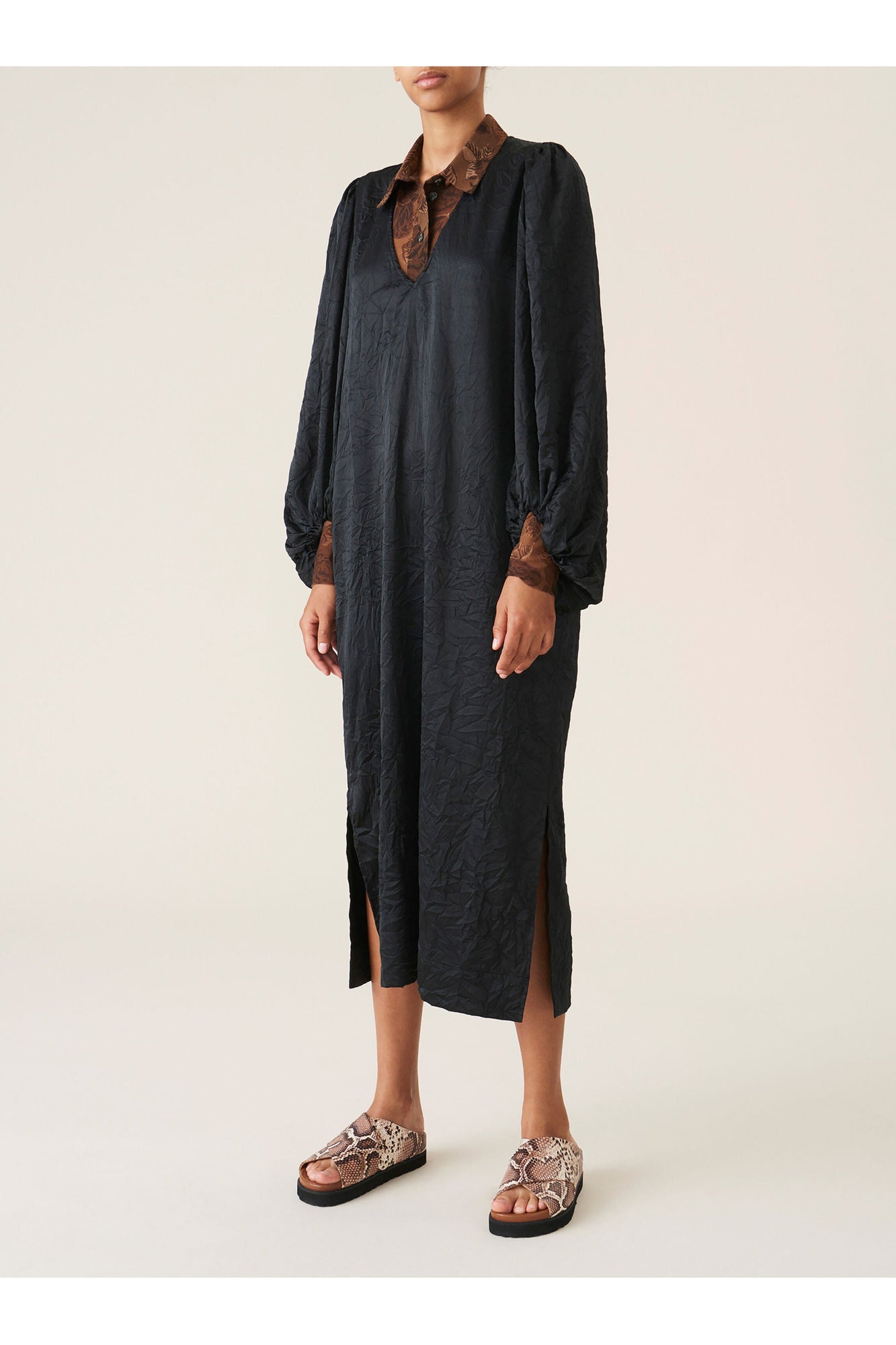 Crinkled Satin Midi Dress | Black