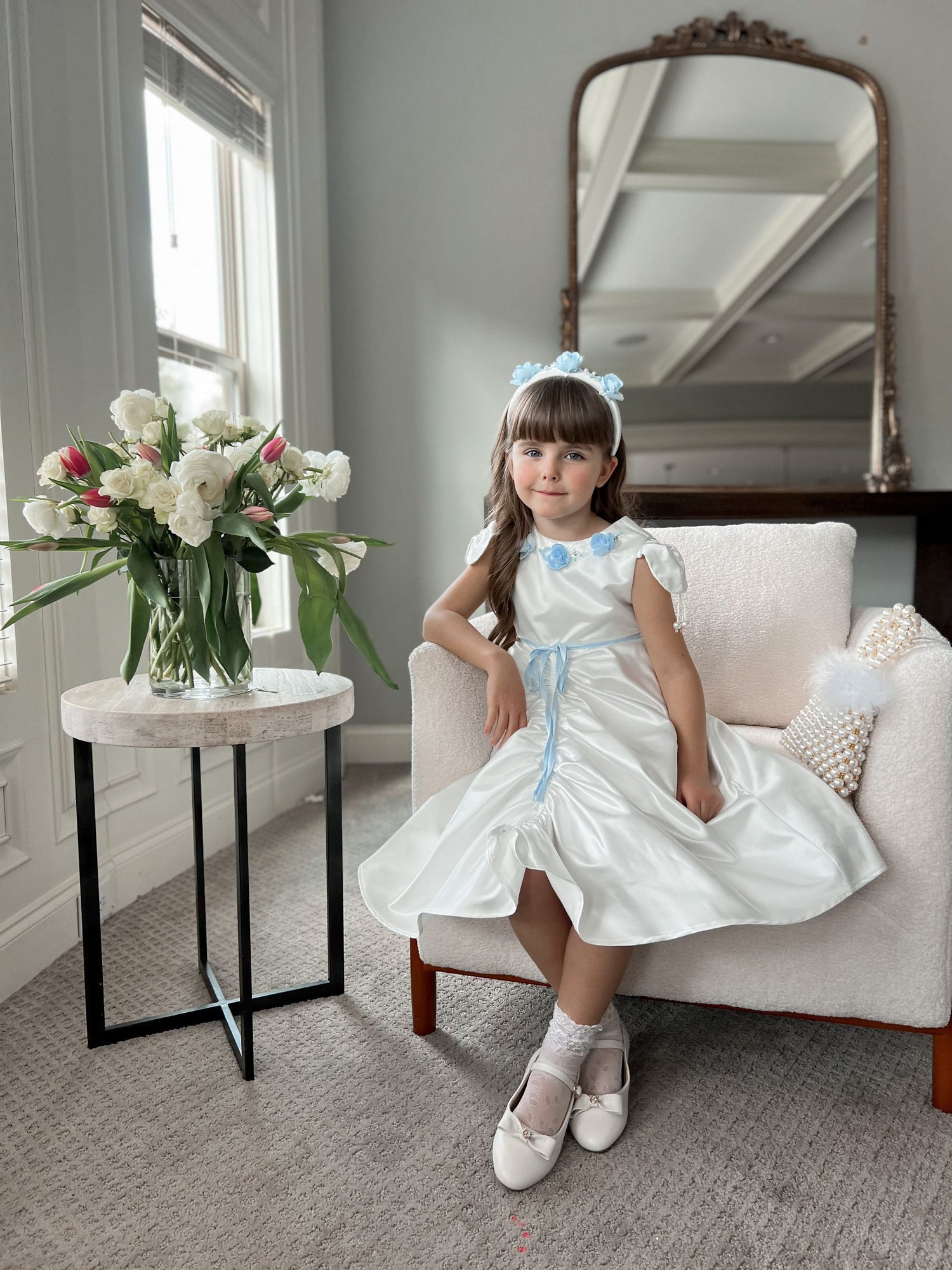 Baby Girls | Daphne Satin Dress with Embroidery | White & Blue