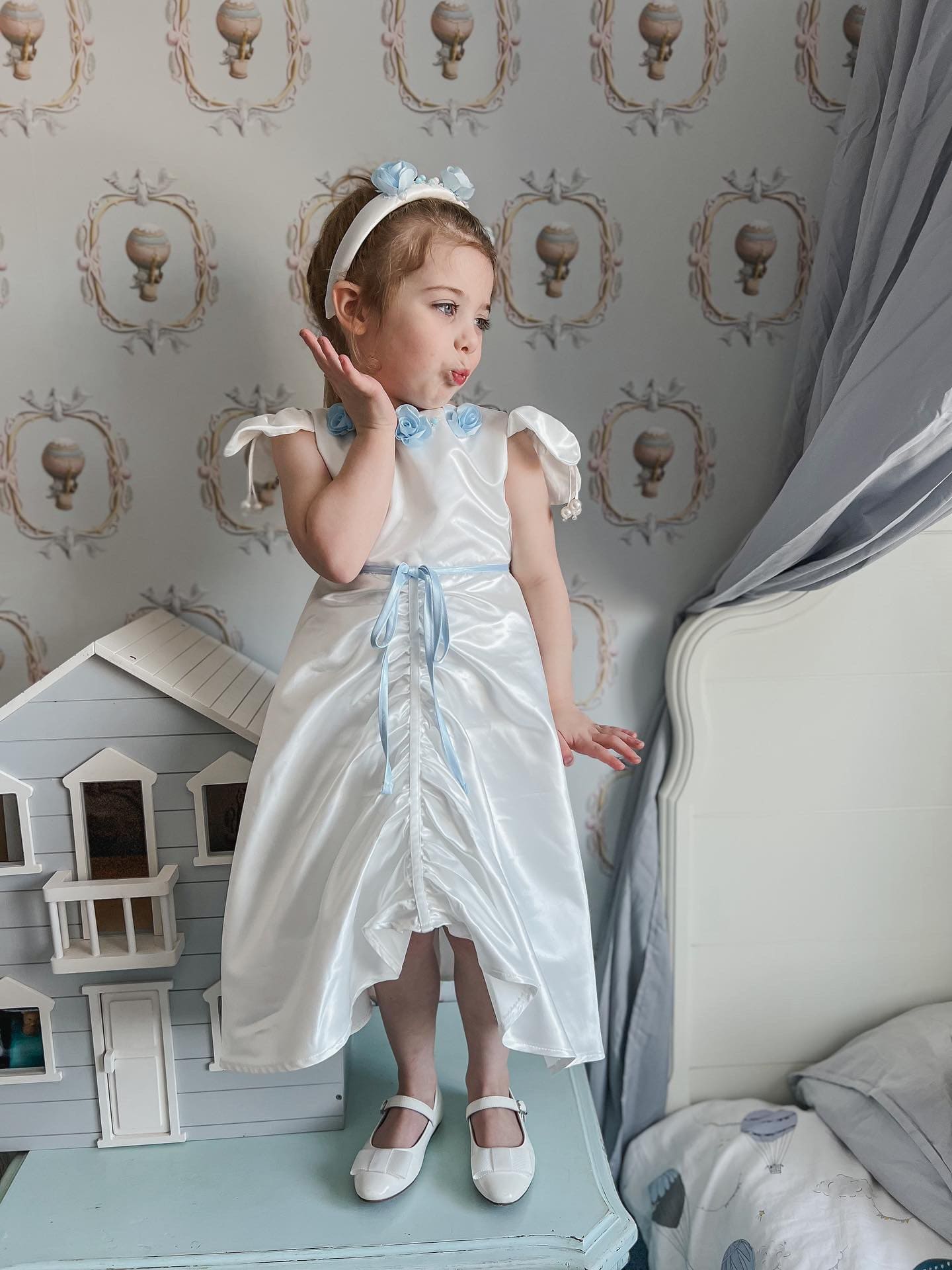 Baby Girls | Daphne Satin Dress with Embroidery | White & Blue