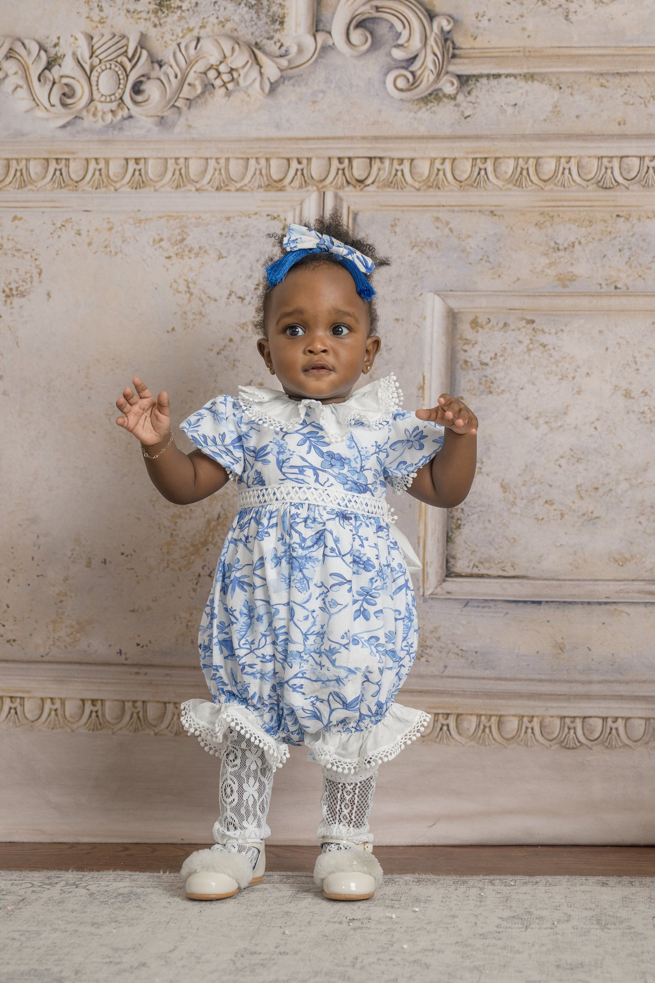 Jaylin Blue and White Linen Romper - Petite Maison Kids