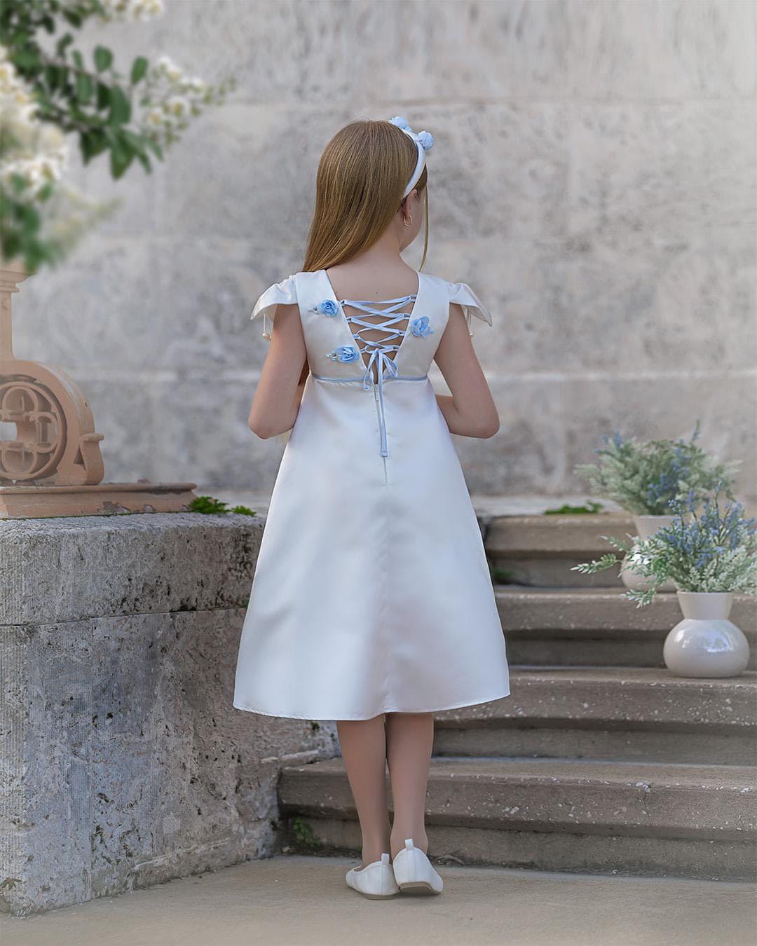 Baby Girls | Daphne Satin Dress with Embroidery | White & Blue