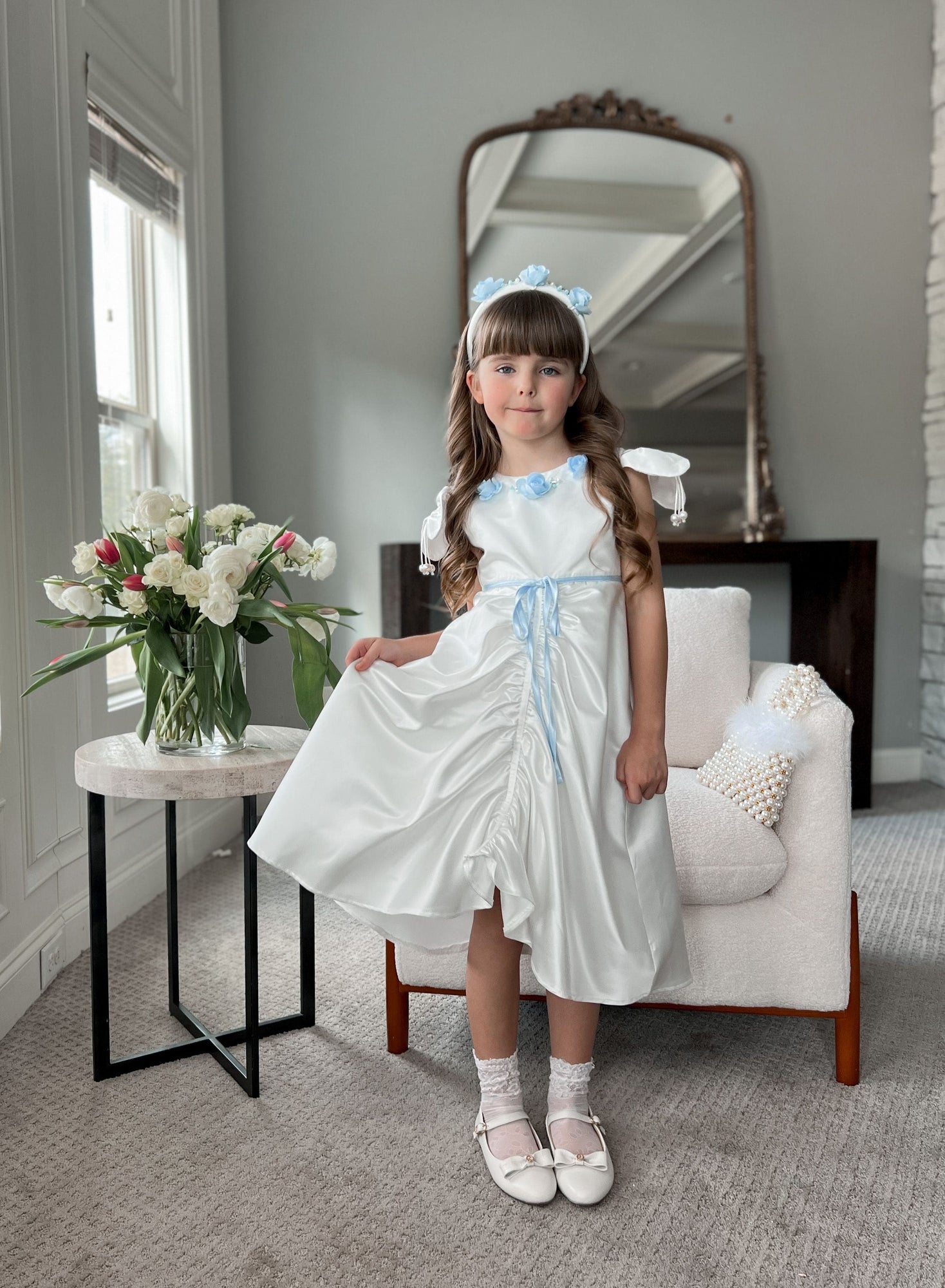 Baby Girls | Daphne Satin Dress with Embroidery | White & Blue