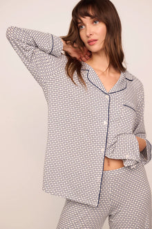 Model is wearing Gisele Printed TENCEL Modal Long PJ Set in Geo Sphere Gray Dawn