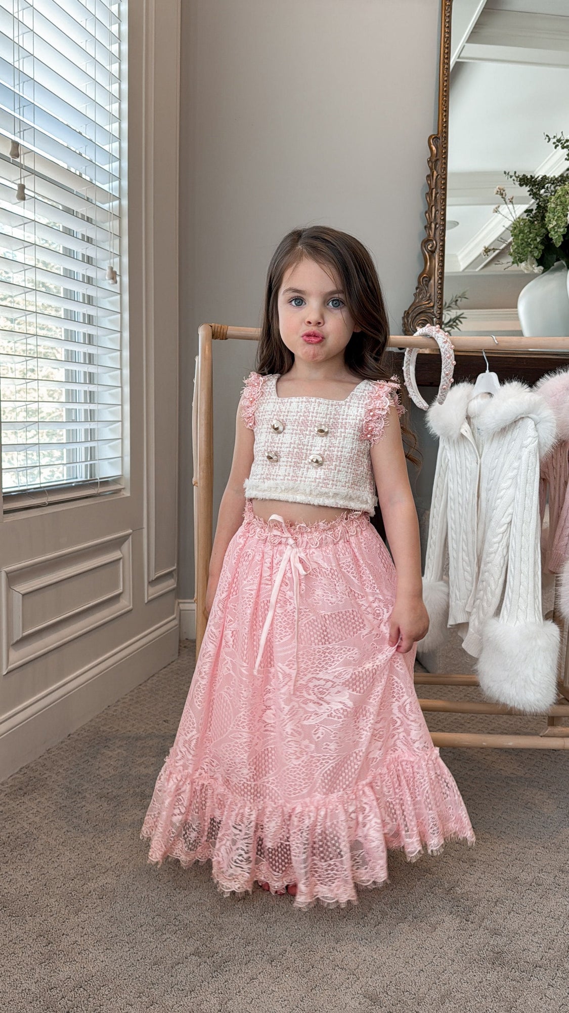 Baby Girls | Molly Tweed Top and Lace Skirt Set | Pink