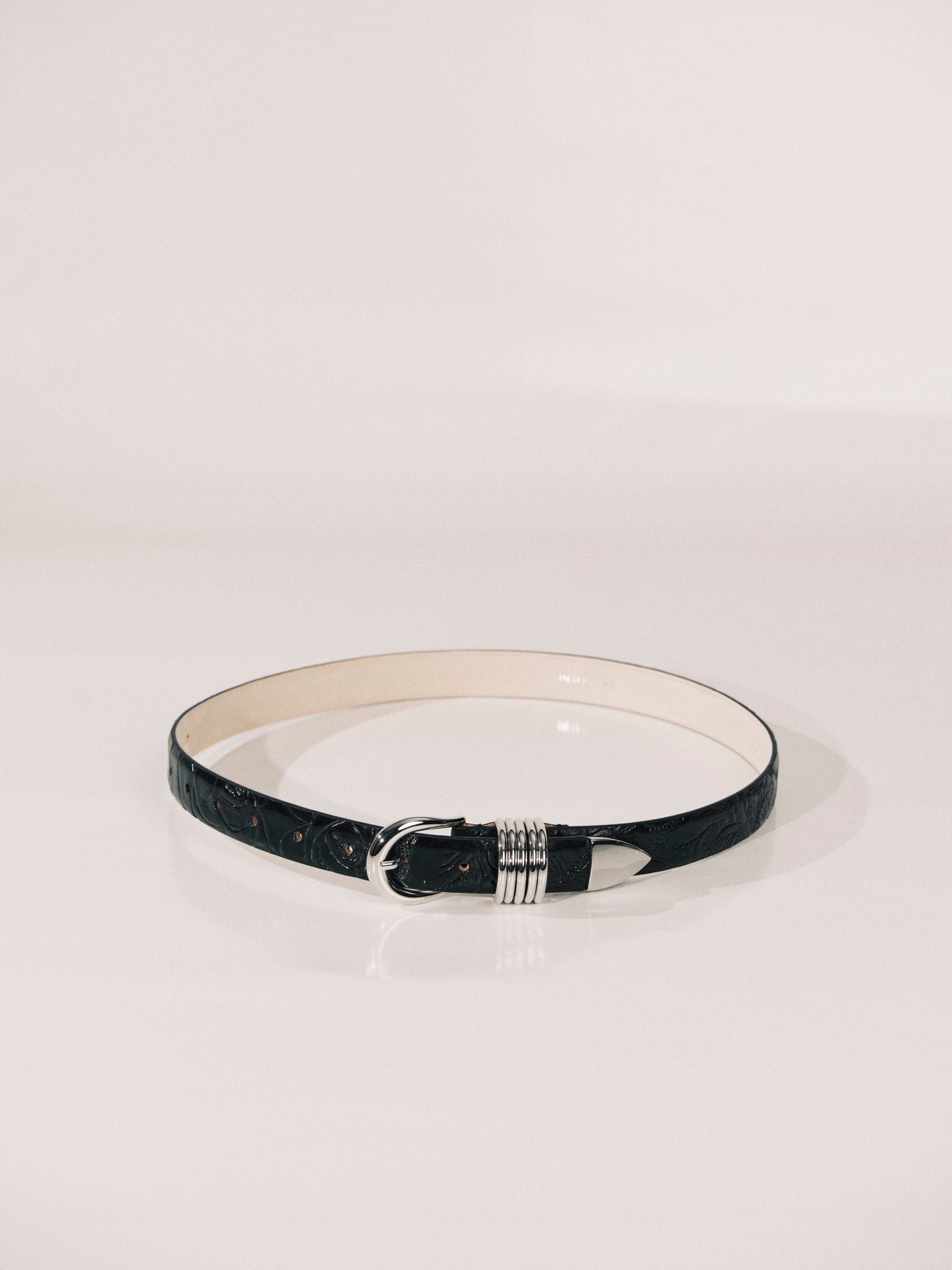 Hollyhock Leather Belt | Floral Embossed Black & Silver